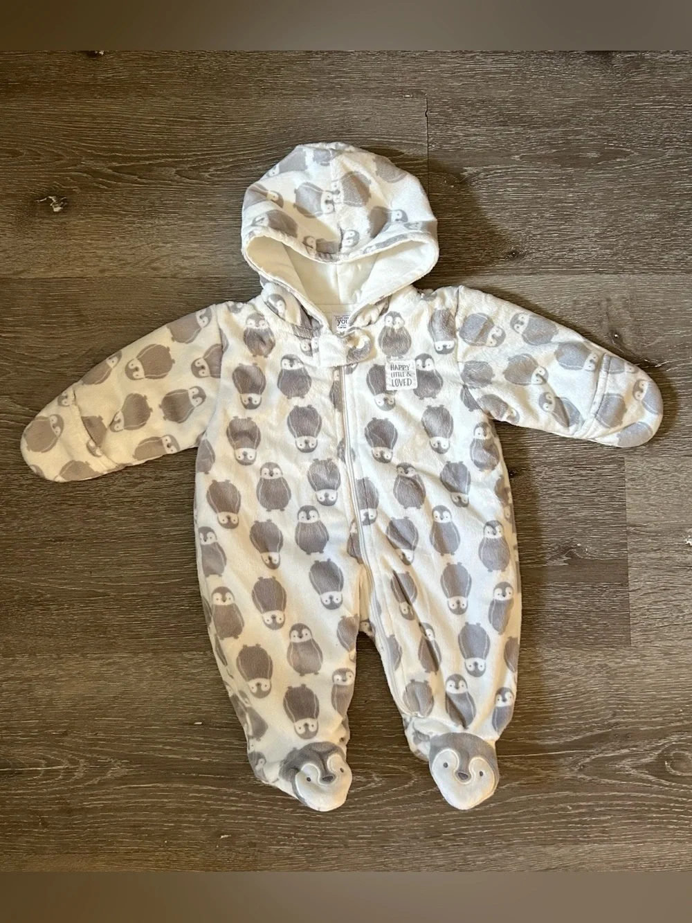 Carter’s Newborn White & Gray Penguin Zip Up Soft Warm Baby Winter Bodysuit